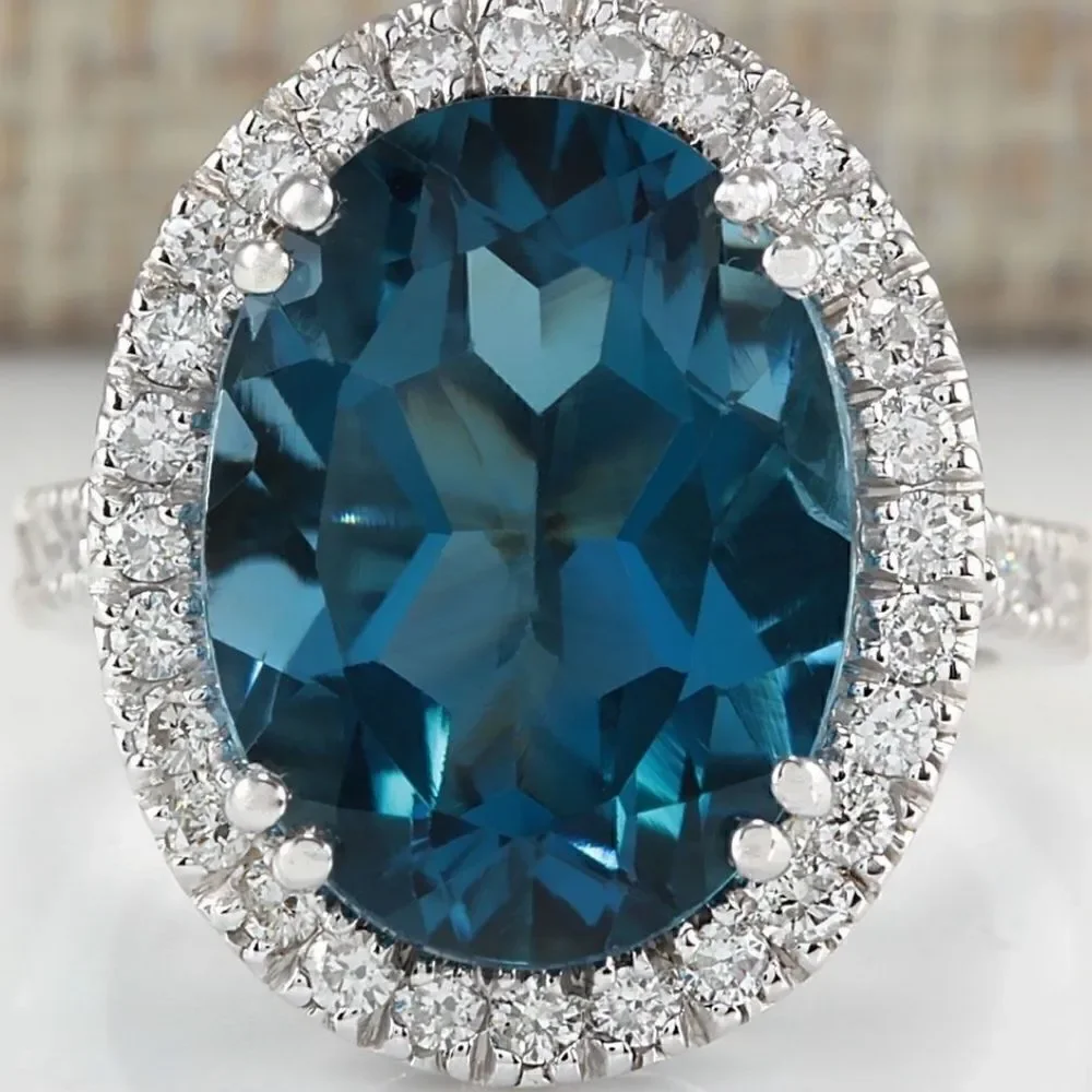 925 Sterling Silver Dark Blue Oval Topaz RING With CZ White Diamonds
